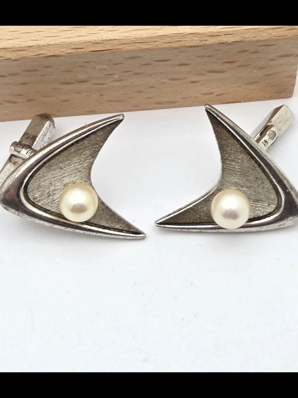 Vintage Sterling Silver Pearl Atomic Age Boomerang Cufflinks MCM